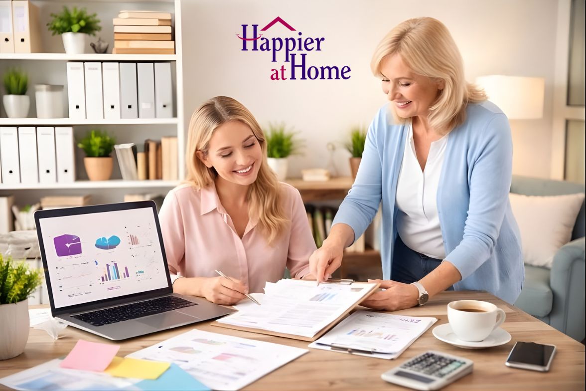 Two women examine the cost to start a home care business