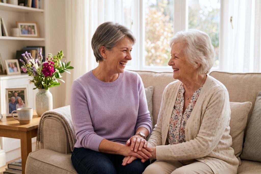 Elderly Care Franchise representative sitting with a woman on the couch
